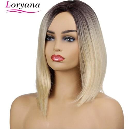 Loryana Synthetic Wigs For Women Medium Length Hair Straight Black Golden Heat Resistant bob Hairstyle Cosplay wigs