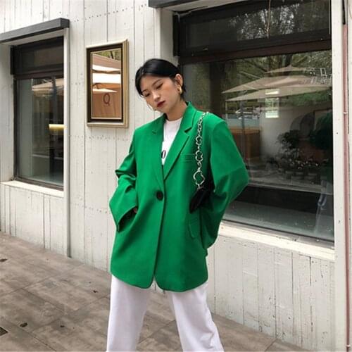2021 Autumn Blazer Women Korean Fashion Green Long Sleeve Pocket Clothes Loose Suit Jackets Casual Coat Female Blazers G1218