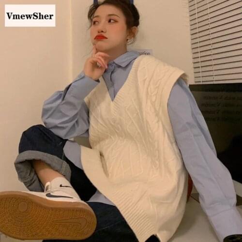 VmewSher New Autumn Spring Women Sweater Vest Twist V Neck Sleeveless Knitted Pullover Vintage Female Solid Loose Jumper Tops
