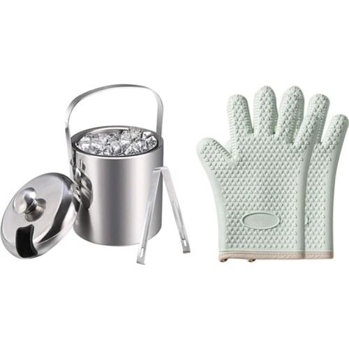 1 Set Ice Buckets with Ice Tongs,Double Wall Ice Bucket with Lid & 1 Pcs Kitchen Silicone Heat-Insulating Gloves