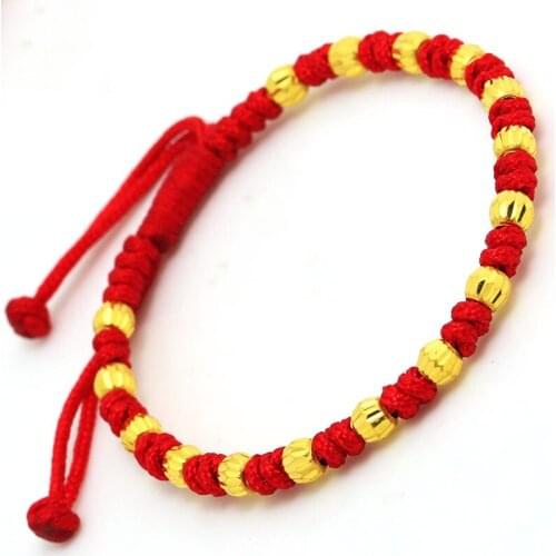 New Real 24K Yellow Gold Baby Bracelet 16PCS Luck Faced Beads with Red Cord Bracelet 4.7inches