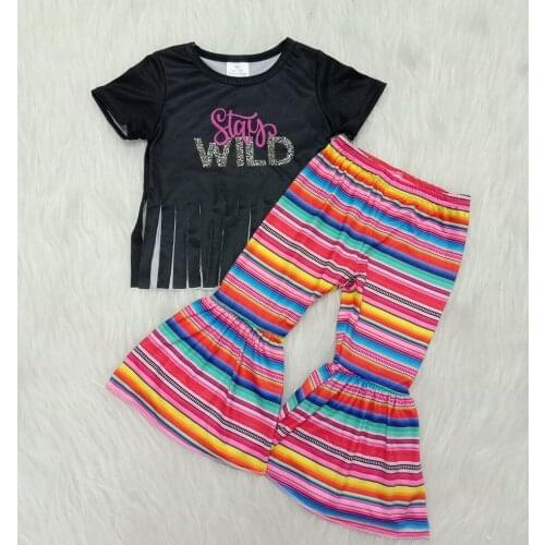 Boutique kids clothing girl fashion letters printed top with tassel match striped bell pants 2020 summer outfit