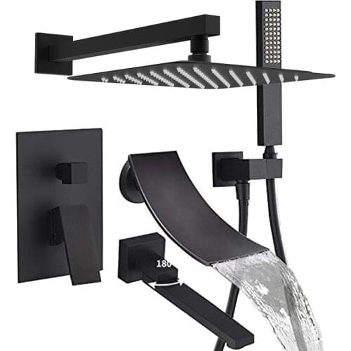 Black Bathroom Shower 12" Rainfall Shower Head Waterfall Tub Concealed Waterfall Shower Diverter Mixer Handheld Set