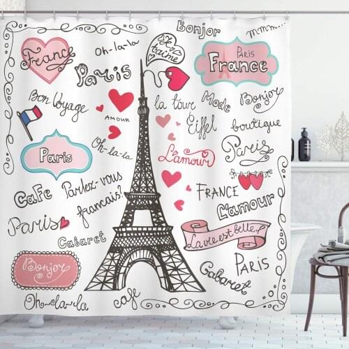 Eiffel Tower Shower Curtain Paris Lettering Heart Shapes Flag Ornamental Sketchy Doodle Bathroom Decor Set with Hooks 75"