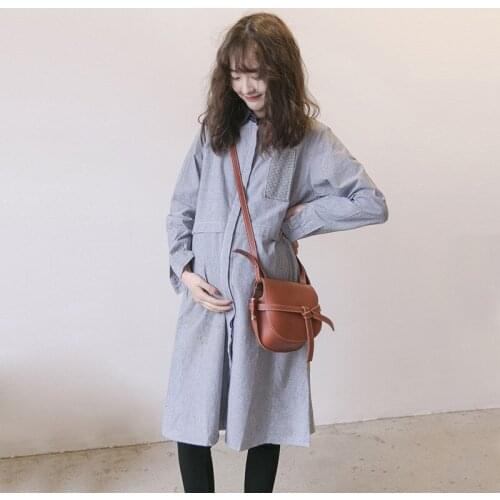 Maternity Elegant stripe Long Shirt Dresses SpringAutumn Pregnant women Long Sleeve Dress Blouse Pockets Single-Breasted Clothes