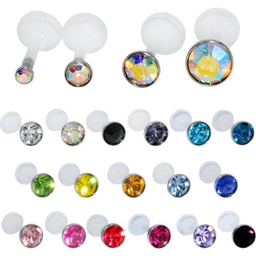 17pcs/set Bioflex Flexible PTFE Labret Stud CZ Gem Crystal Press Fit Ear Tragus Cartilage Helix Earrings Body Piercing Jewelry