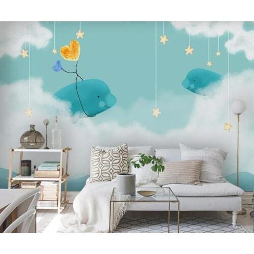 Customized large-scale 3D mural wallpaper modern minimalist hand-painted whale love sea girl bedroom cartoon murals