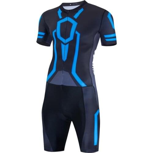 Wulibike Tron Blue Triathlon Short Sleeve Jumpsuit Tights Mens Summer Swimming Running Riding Soprtwear