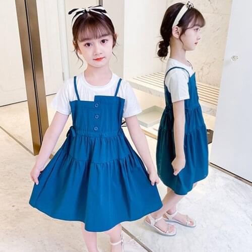 Summer Girls' Dress European American Style Short Sleeve T-Shirt +Sling Fashion Princess Dress Big ChildrenS Clothing For Teens