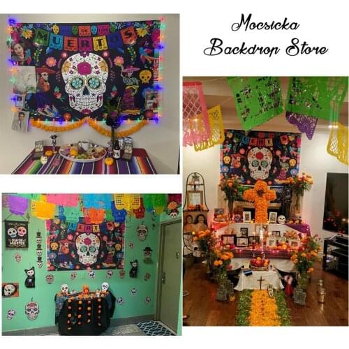 Mexican Sugar Skull Flowers Photography Background Day of The Dead Backdrop Dia DE Los Muertos Dress-up Purple Skull Floral Prop