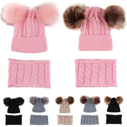 2pcs Fashion Newborn Baby Hats Knitted Warm Double Pom Pom Round Machine Cap Protects Ear Bonnet Baby Winter Caps + Scarf Suits