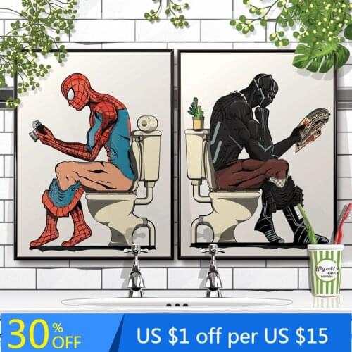 Spider man and Black Panther in the bath Poster Funny Marvel Posters and Prints Canvas Painting for Bathroom Restroom Home Decor