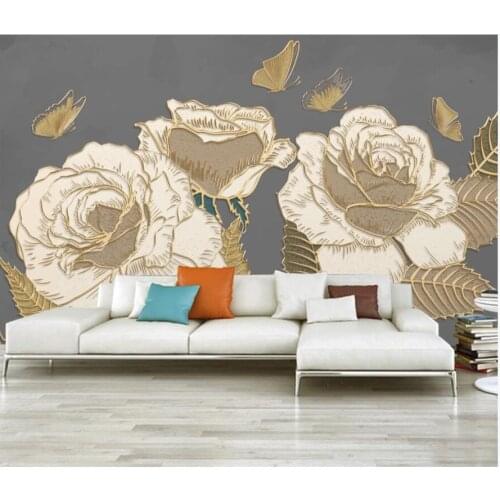 Custom photo 3d wallpaper Hand painted rose butterfly golden relief lines living room 3d wall murals wallpaper for walls 3 d