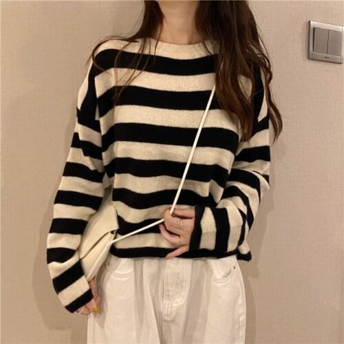 Pullover Striped Womens Sweater Knitted Korean Long Sleeve O-Neck Sweaters Loose Lazy Style Harajuku Casual Sweet Kawaii Top