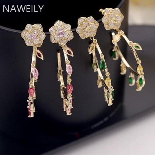Luxury Camellia Drop Earring AAA Zircon Gold Circle Tassel Earrings Detachable Dual-use Fashion High Quality