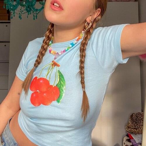 Cherry Print Crop Top Y2k Blue T Shirt Short Sleeve Pullovers Women Summer Tee Harajuku 90S Graphic Tee Tops Cute Sweet Tee Top