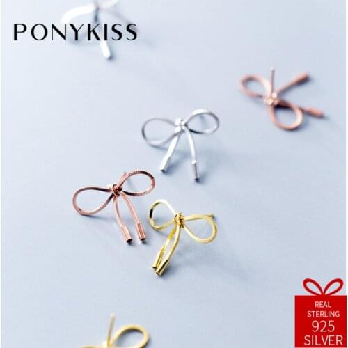 PONYKISS Romantic 100% 925 Sterling Silver New Chic Bow Stud Earrings Women Dance Party Delicate Cute Accessories Creative Gift