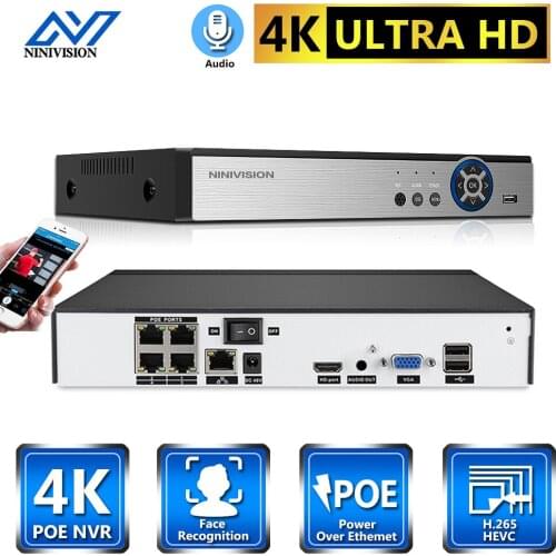 4CH 8MP POE NVR Face Recognition H.265+ 4K NVR Onvif Network Video Recorder 2 HDD24/7 Recording IP Camera Onvif P2P System