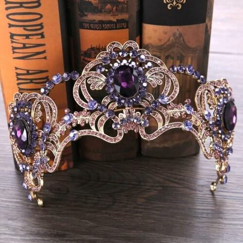 Purple flower crystal wedding tiara bridal crown for wedding bride gold color rhinestone crown headband jewelry accessories