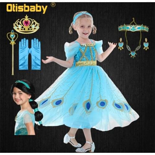 Halloween Gorgeous Jasmine Princess Fantasy Dress for Kids Elegant Dress Up Girl Party Clothing Children Cosplay Aladdin Costume