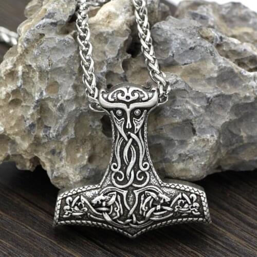 Viking Odin Face Amulet Thor Hammer Mjolnir Pendant Necklace Pendant Necklace with Gift Bag