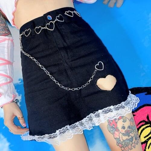 Japanese denim Short skirt Women Harajuku love lace high waist Y2K hot girl A-line skirt sweet Kawaii casual Mini Skirt Female