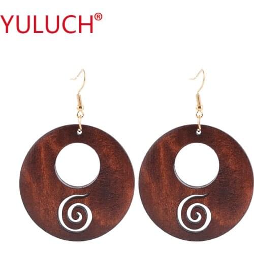 YULUCH Ethnic Jewelry Design Natural Wooden Round hollow out Spiral Snail Pendant Earrings for Fashion Women Jewelry Gifts