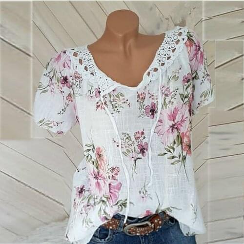 Women Short Sleeve V-Neck Lace Printed Lace Tops Loose T-Shirt Blouse
