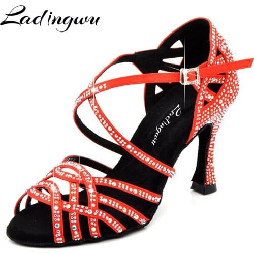 Ladingwu Women Latin Dnace Shoes Red Black Silk Satin Salsa Dance Shoes Performance Dancing Shoes zapatos de baile latino mujer