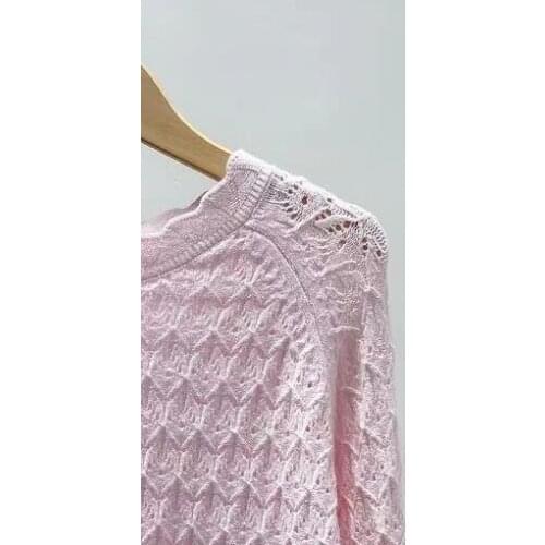 Women Sweater 2021 Spring and Summer Long-sleeved Wood Ear Collar Diamond Hollow Loose Knit Pullover