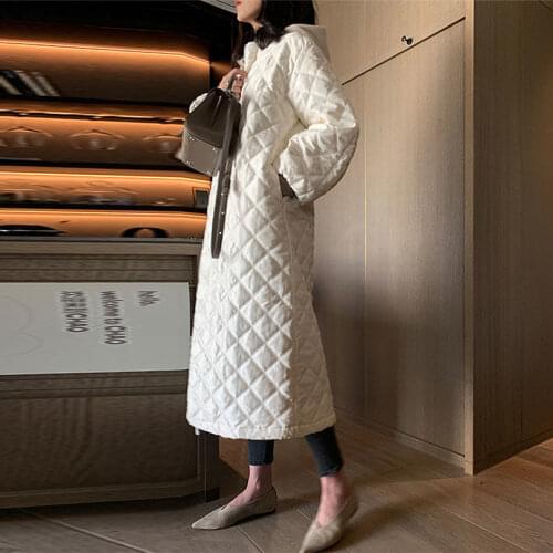 Bella Philosophy Winter Long Straight Coat Rhombus Pattern Casual Loose Women Parkas Pockets Argyle Long Plaid Bubble Jacket