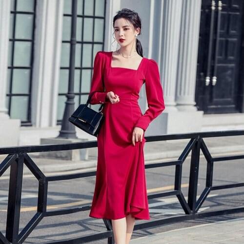 New arrival fashion korean spring midi dress women OL professional temperament chiffon square collar simple slim mermaid dress