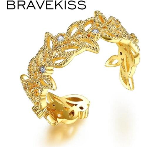 BRAVEKISS New Unique Party Jewelry Olive Leaves Rings for Women Gold Color Charm Vintage Cocktail Ring Bagues Strass BUR0374A