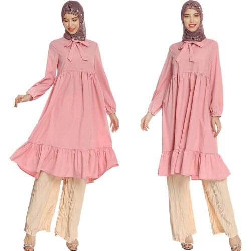 2pcs Muslim Women Girl Set Abaya Sweet Bowknot Ruffle Long Sleeve Tops Pants Loose Casual Autumn Islamic Clothing Ramadan Arab
