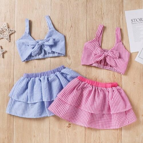 2 Pieces Kids Girl Clothes SetPlaid V-Neck Sleeveless Crop Tops+ Short Skirt for Summer, Pink/Blue, 6 Months-3 Years