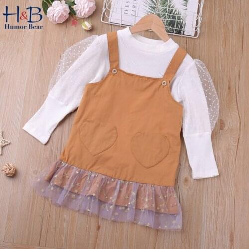 Humor Bear Girls' Clothing Sets New Autumn Puff-Sleeve Top+ Sling Mesh Patchwork Dress 2Pcs Casual Toddler Kids Clothes