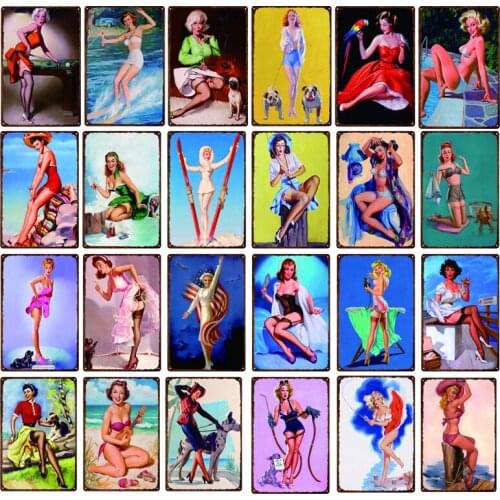 Colourful Pin Up Girl Tin Signs Vintage Metal Poster Modern Home Decoration Pub Bar Club Wall Art Iron Painting 30x20cm