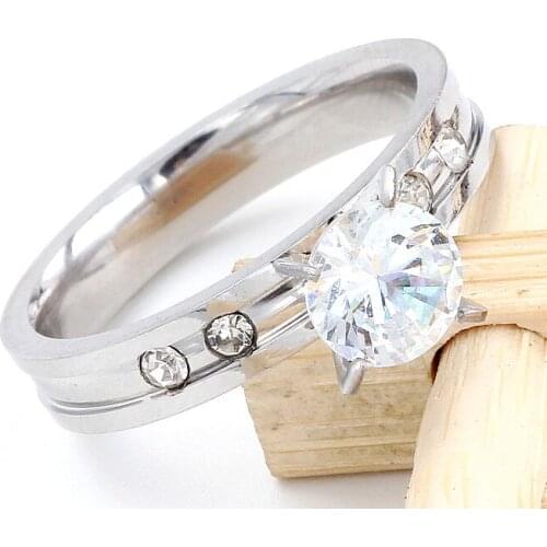Fashion Jewelry 4MM Rhinestone CZ Inlay 316L Stainless Steel Ring Engagement Wedding Party Bride Xams Gift Size 7-11