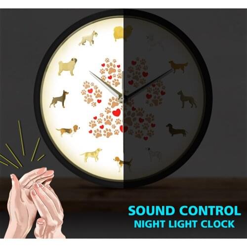 Mixed Dog Breeds Portrait Sound Activated Light Emitting Wall Clock Cartoon Animal Footprints Metal Frame Night Light