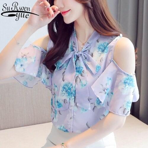 2021 New Blouse Loose Off-the-Shoulder Floral Shirt Female Printed Summer Chiffon Blouse butterfly Sleeve Womans Shirts 9566
