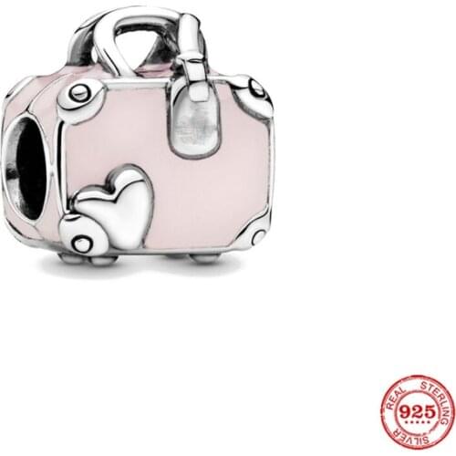 New Original Silver Color Pink Travel Bag Pendant Bead Fit European Pandora Charms Bracelet Bangles Jewelry Diy Accessories P684