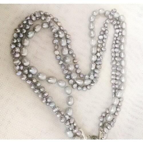 Women Jewelry 3 strands necklace 6mm 10mm pearl gray baroque oval pearl handmade Real cultured freshwater pearl gift