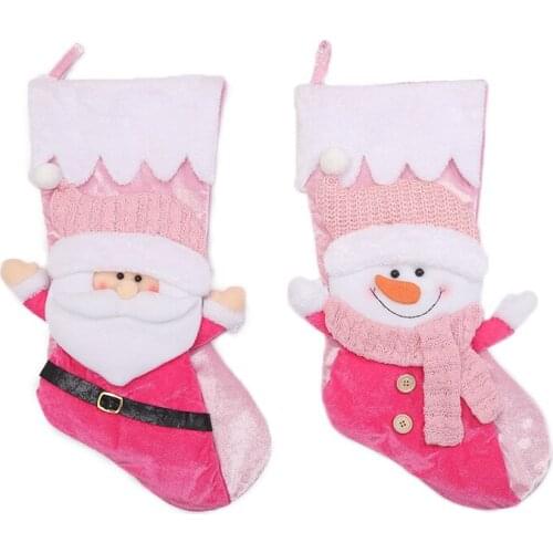 Adornos Navidad 2022 Natal Christmas Stockings Pink Fabric Sock Gift Kids Candy Bag Snowman Pocket