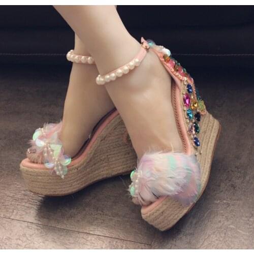 Luxury Colors Crystal Studded Rhinestone Sandals Hemp Rope Weaving Women Summer Shoes Pink Design Glitter Feather Sandals Women