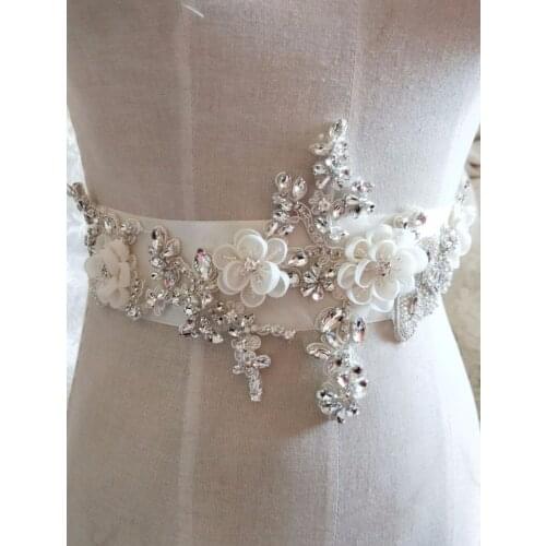 Gorgeous Rhinestone Crystal Applique With 3D Chiffon Flowers For Bridal Accessories Wedding Dress Sash Haute Couture Costume