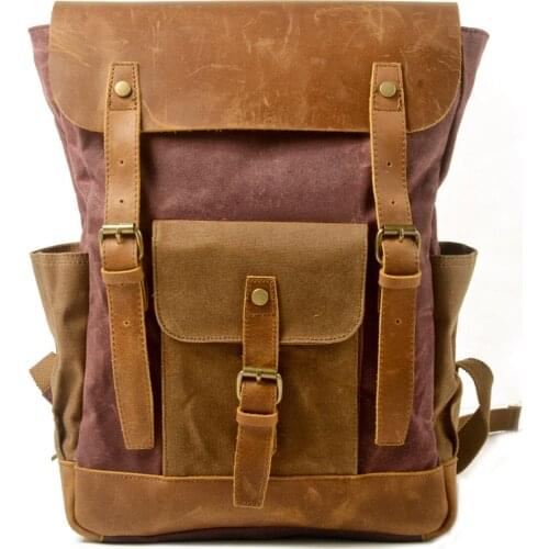 Retro outdoor backpack canvas stitching crazy horse leather backpack oil wax waterproof computer school bag unisex