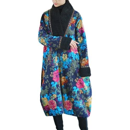 LZJN Womens Winter Outerwear Parka Long Loose Floral Printed Quilted Coat Plus Size Jacket with Fleece High Cross V-Neck Collar