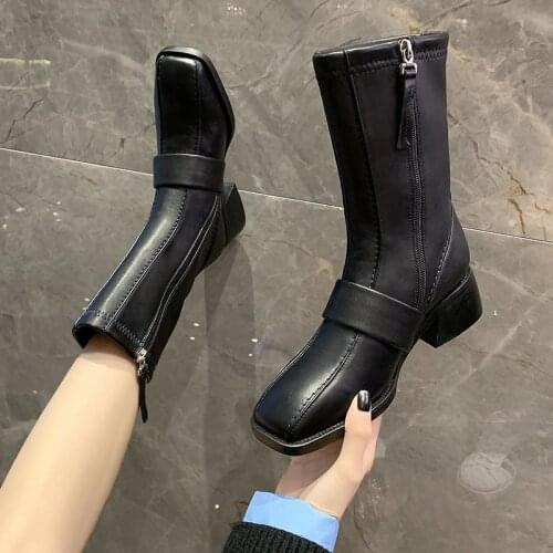 WOMENS BOOTS 2021 ICCLEK WINTER FASHION BLACK BEIGE CHELSEA BOOTS SQUARE HEELS SHORT PLUSH - LINER HOT SALES COMFORTABLE WARM
