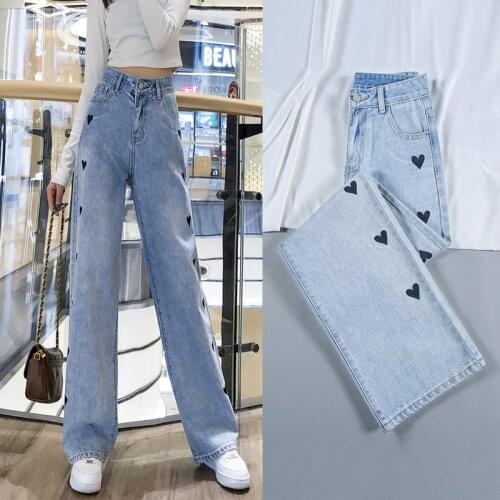 Mom Baggy Jeans Straight Wide Leg Pants Jeans for Women High Waist Loose Embroidery Pattern Woman Jeans 2021 New Spring Summer
