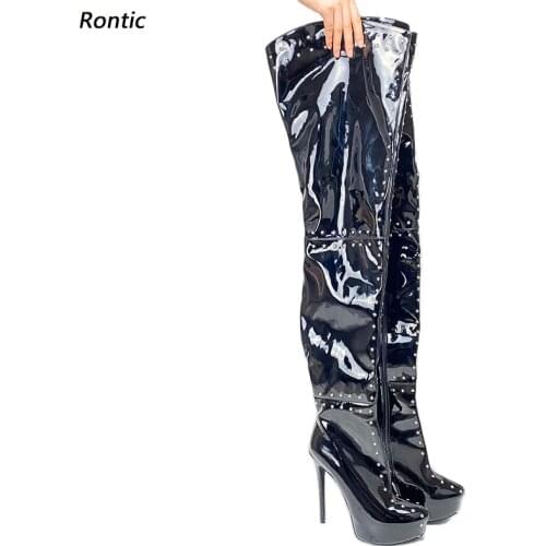 Rontic Women Winter Platform Thigh Boots Men Patent Sexy Rivets Stiletto Heels Round Toe Black Night Club Shoes US Size 5-20